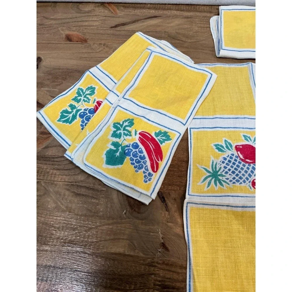 Fruit Print Linen Set of 6 Yellow Blue Red Retro MCM‎ Table Decor Vintage 15x11